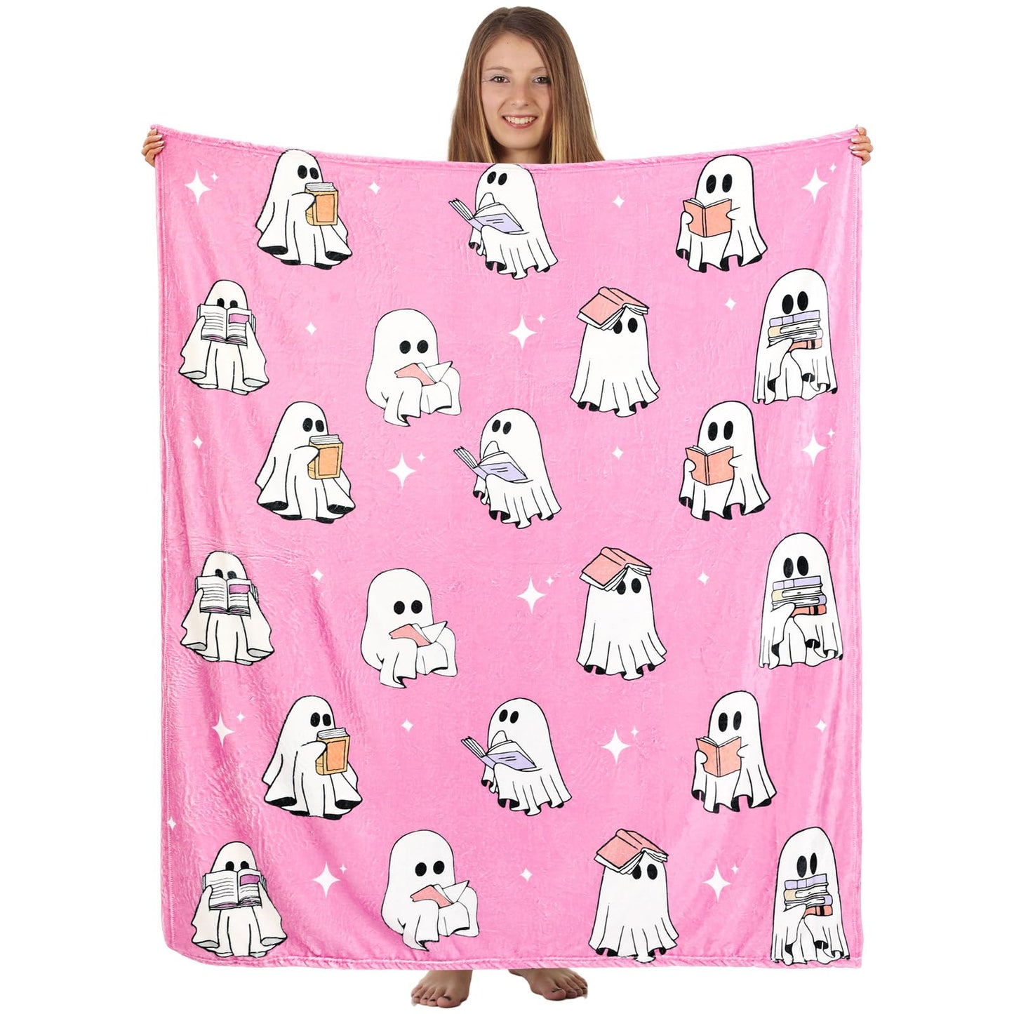 Hillsuren Ghost Reader Blanket for Girl Halloween 2025 New Pink Ghost Reading Book Throw Blankets 50 x 60 Inch Cute Boo Gift for Book Lover Sofa Bed Living Room Christmas Thanksgiving Gift Decoration