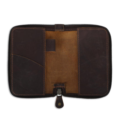 CestAntiQ Zippered Leather Journal Cover Compatible with Moleskine Cahier TWONE Original Kraft Elan Pitch Black Pocket Size 3.5 x 5.5 for Field Notes Notebook Memo Books with Pen Holder Handmade Brown