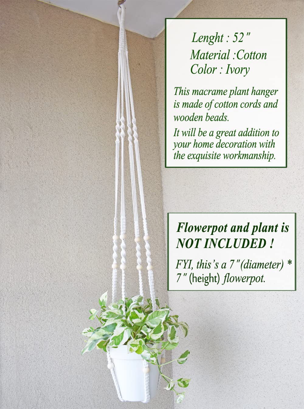 Xibelezal Macrame Plant Hanger Extra Long (52") Indoor Plant Holder with Beads, no Tassel- Long Plant Hanger for Tall Ceiling- Hanging Plant Holder for 6”-14”Pots -(1 Pack)