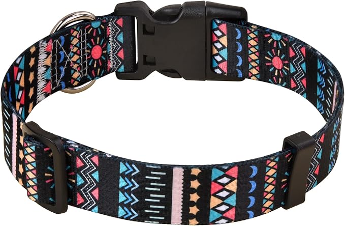 MarukoPet Dog Collar, Adjustable for Small Medium Large Dogs Puppy, Cute Design with Bohemia Floral Tribal Geometric Patterns Boys Girls Dog Collar(Black Bohemia-L)