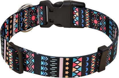 Mihqy Dog Collar with Bohemia Floral Tribal Geometric Patterns - Soft Ethnic Style Collar Adjustable for Small Medium Large Dogs(Black Bohemia,M)