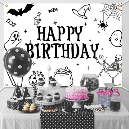 Halloween Happy Birthday Backdrop, Ghost Bat Pumpkin Skull Witch Birthday Party Decorations Halloween Themed Birthday Party Photo Background, 7 * 5Ft