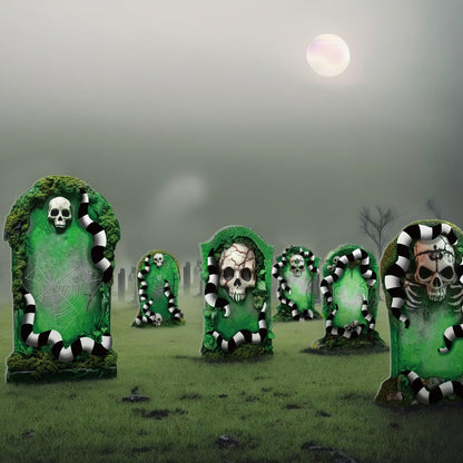 DoubleFill 6 Pcs Halloween Tombstone Worm Yard Sign Halloween Decorations Outdoor Green and Black White Worm Gravestone with Stakes Waterproof Graveyard Lawn Yard Sign for Haunted Garden Decor