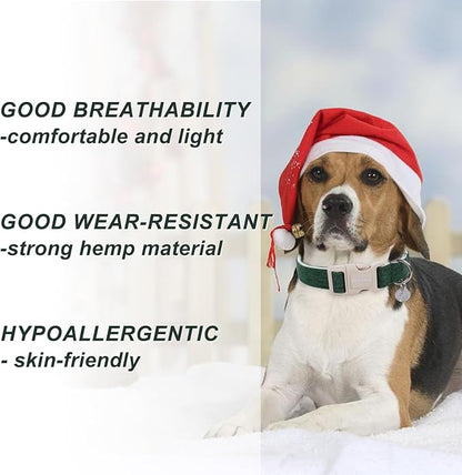DOGWONG Cotton Hemp Dog Collar, Heavy-Duty Christmas Green Dog Collar Adjustable Soft Natural Fabric Pet Dog Collar Cute Holiday Puppy Necklace for Small Medium Large Dogs
