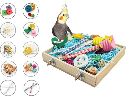 Jinkoozz Bird Foraging Toys Box, Wooden Parrot Shredding Toys Box, Bird Chewing Toys, Birdcage Accessories, Suitable for Small Birds Parakeets Cockatiels Love Birds Conures