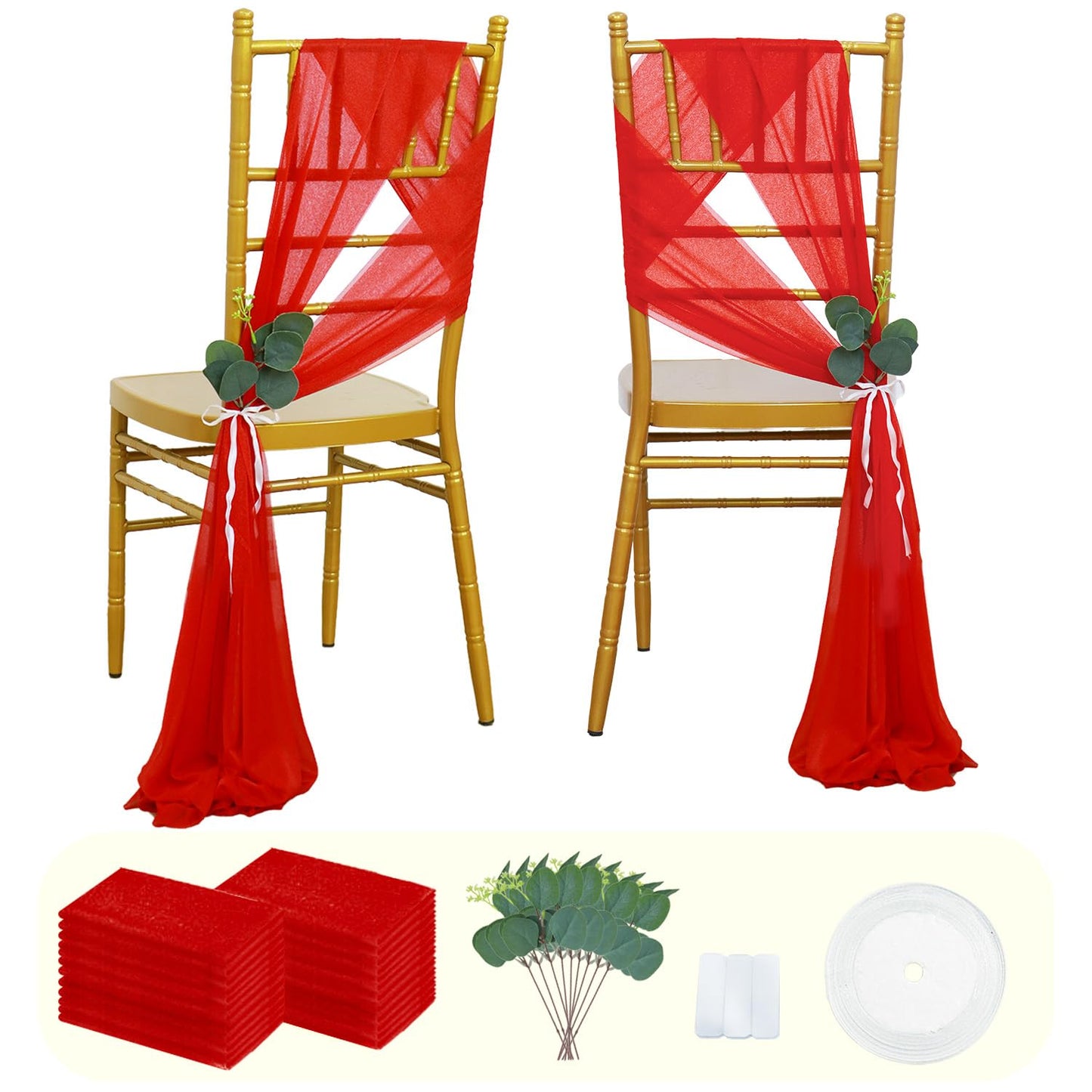 FUHSY Wedding Chair Sashes Upgraded 24 Pack 8FT Long Red Sashes for Chair Covers Aisle Decorations for Wedding Ceremony Sheer Chiffon Chairs Bows for Party Event Banquet Prom Decor