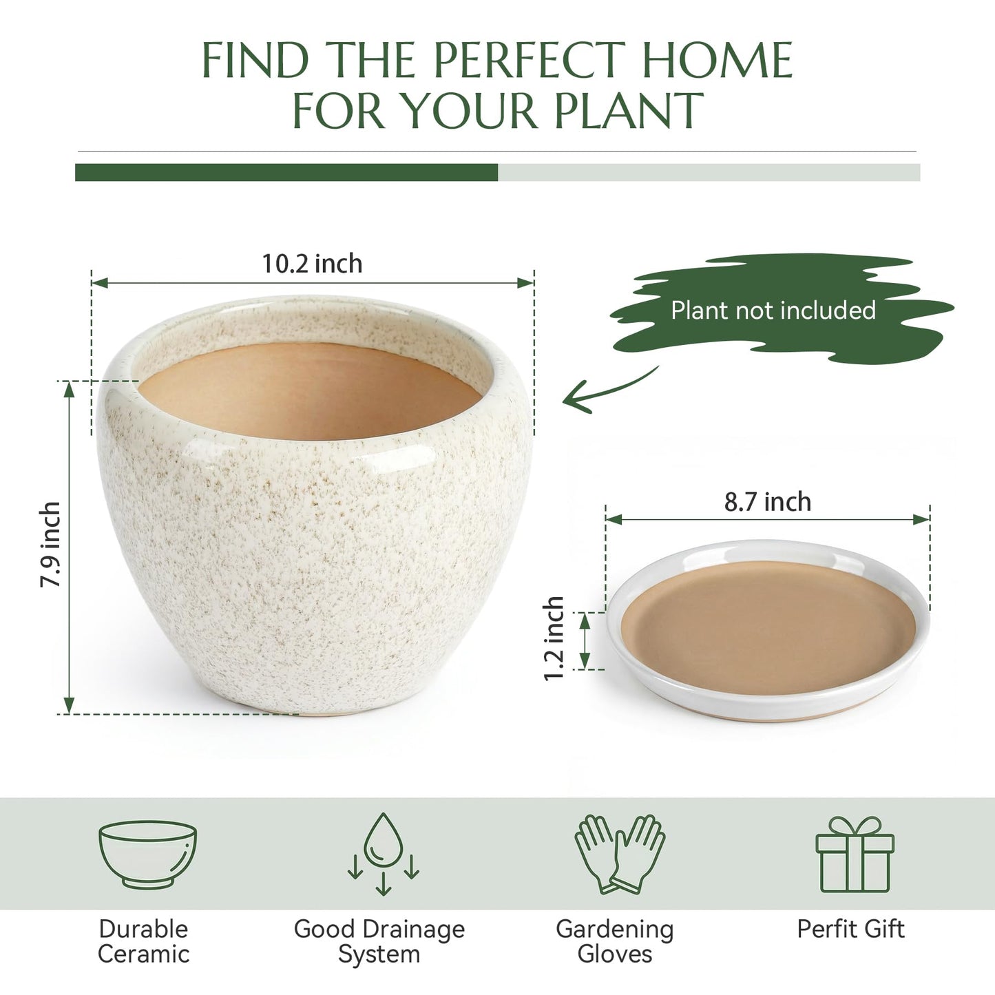 TOSELBAI 10.2 Inch Ceramic Planter with Saucer Leak-Proof Mesh &Drainage, Round Plant Pot with Gardening Gloves for Indoor Outdoor Plants