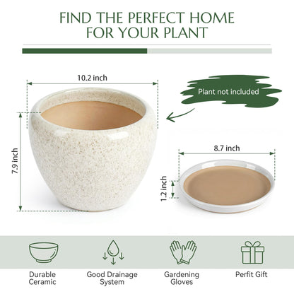 TOSELBAI 10.2 Inch Ceramic Planter with Saucer Leak-Proof Mesh &Drainage, Round Plant Pot with Gardening Gloves for Indoor Outdoor Plants