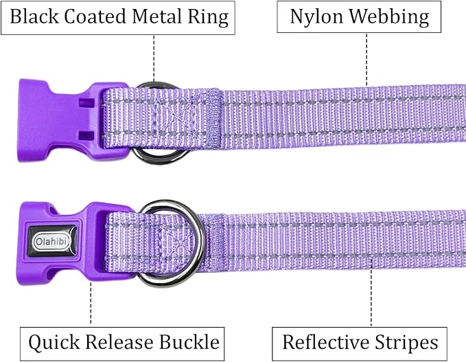 Dog Collar Leash Set, Durable Polyester with Reflective Strips, 5ft Matching Leash, Adjustable 4 Sizes for Small Medium Large Dogs.(S, Purple)