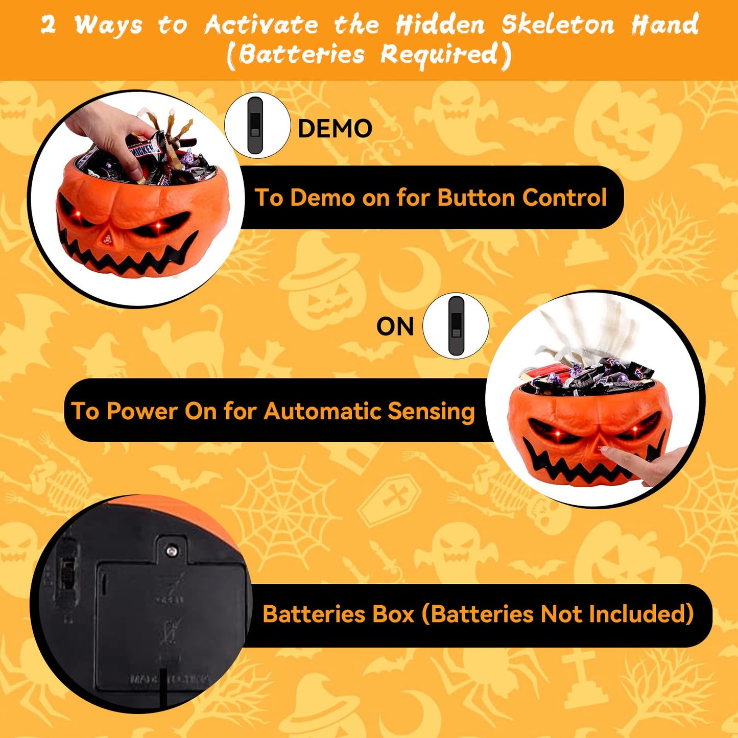 Halloween Candy Bowl, Animated Halloween Skull Pumpkin Bowl, Automatic Sensor/Button Press Scary Candy Dish with Creepy Moving Skeleton Hand and Scream for Trick or Treat to Kids(Skeleton Style)