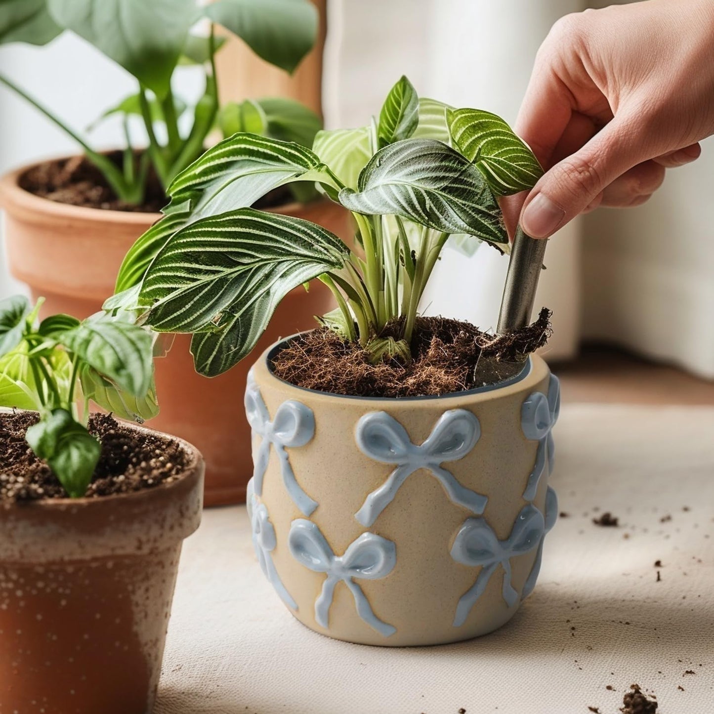 Yokiiimakiii Ceramic Flower Pots for Indoor and Outdoor Plants, Succulent Orchid Round Clay and Terracotta Planter for Garden Home Modern Decoration 5.3 Inch (Blue Bow, Without Saucers)