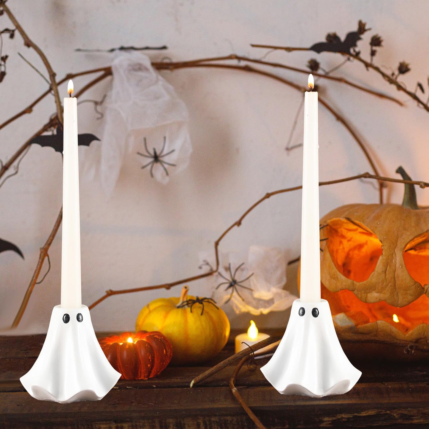 Conelist 2 Pcs Halloween Ghost Candlestick Holders Cute Ghost Shape Candle Stick Holders Ceramic Taper Candle Holder for Halloween Wedding Party Holiday Office Home Decor Gift