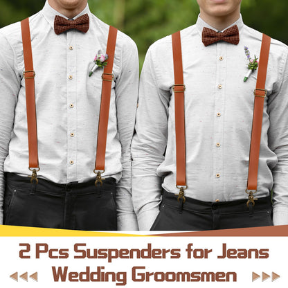 Silicherry 2 Pcs X-Suspenders for men Brown Leather Suspenders Adjustable Back Strap with Swivel Hooks for Jeans Wedding Groomsmen