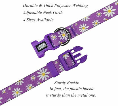 Dog Collar Leash Set, Floral Pattern, Polyester Material, Adjustable Collar and 5ft Matching Leash, for Large Dogs.(L, Purple Daisy)