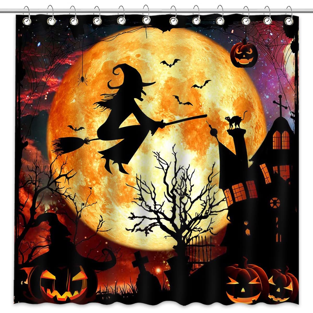 Mocsicka Halloween Shower Curtain Flying Witch Halloween Castle Bathroom Curtain Horror Orange Night Moon Polyester Fabric Shower Curtain Set 72x72 Inch with 12 Hooks