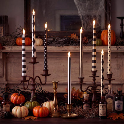 Lounsweer 8 Pcs Halloween Flameless Taper Candles 10.6 Inch LED Black and White Striped Flameless Candles Flickering Battery Operated Plastic Flickering LED Candlestick for Window Home Party Decor