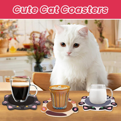 Leokawin Cat Coasters,4pcs Coasters for Drinks,Cat Gifts for Cats Lovers,Funny Animal Themed Absorbent Coaster for Coffee Tea Table Decor,Gifts for Women Men