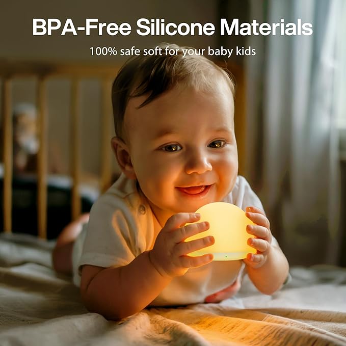 Baby Night Light for Nursery, Soft Silicone Tap Control Night Lamp with 8 Color Changing, Stepless Dimming, Rechargeable Portable Night Light for Kids, 1H-Timer, Warm Light for Breastfeeding