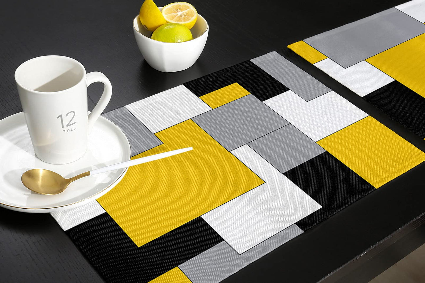Futuregrace Abstract Art Placemats Set of 6,Non Slip Washable Farmhouse Table Mats Set, Black and Yellow Table Placemats for Kitchen Dining Table,Wedding Holiday Party Decoration