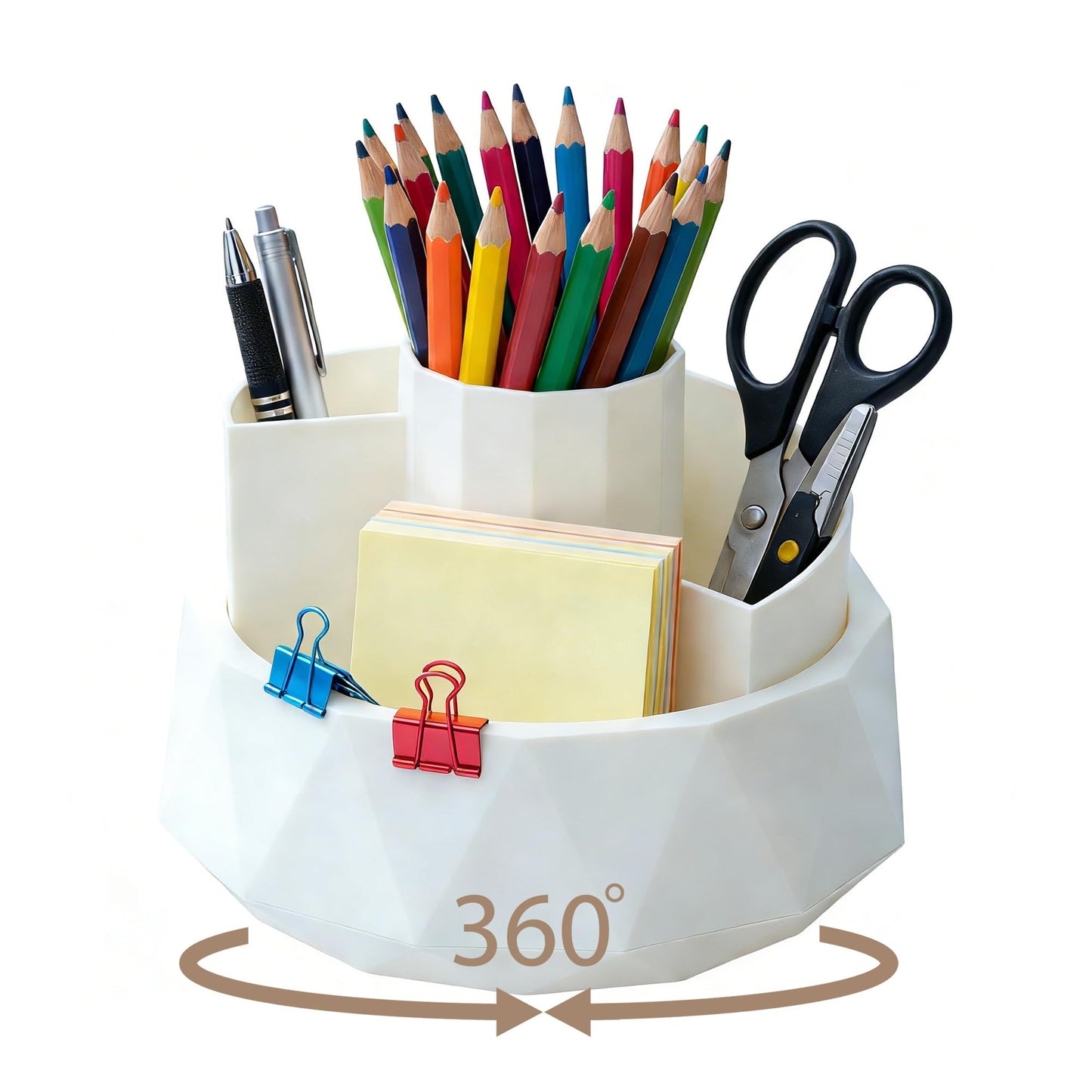 Dlicoda 360° Rotating Pen Holder, Large Capacity Pencil Organizer with 4 Compartments for Office and Art Supplies (White)