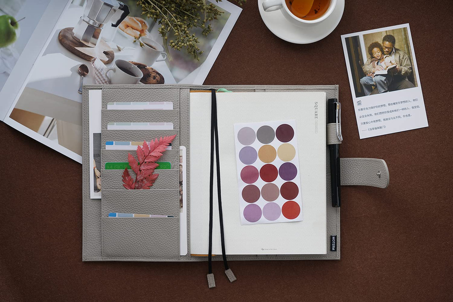 Moterm Leather Cover for A5 Notebooks - Fits Hobonichi Cousin, Stalogy and Midori MD Planners, with Pen Loop, Card Slots and Back Pocket (Pebbled-Gray)