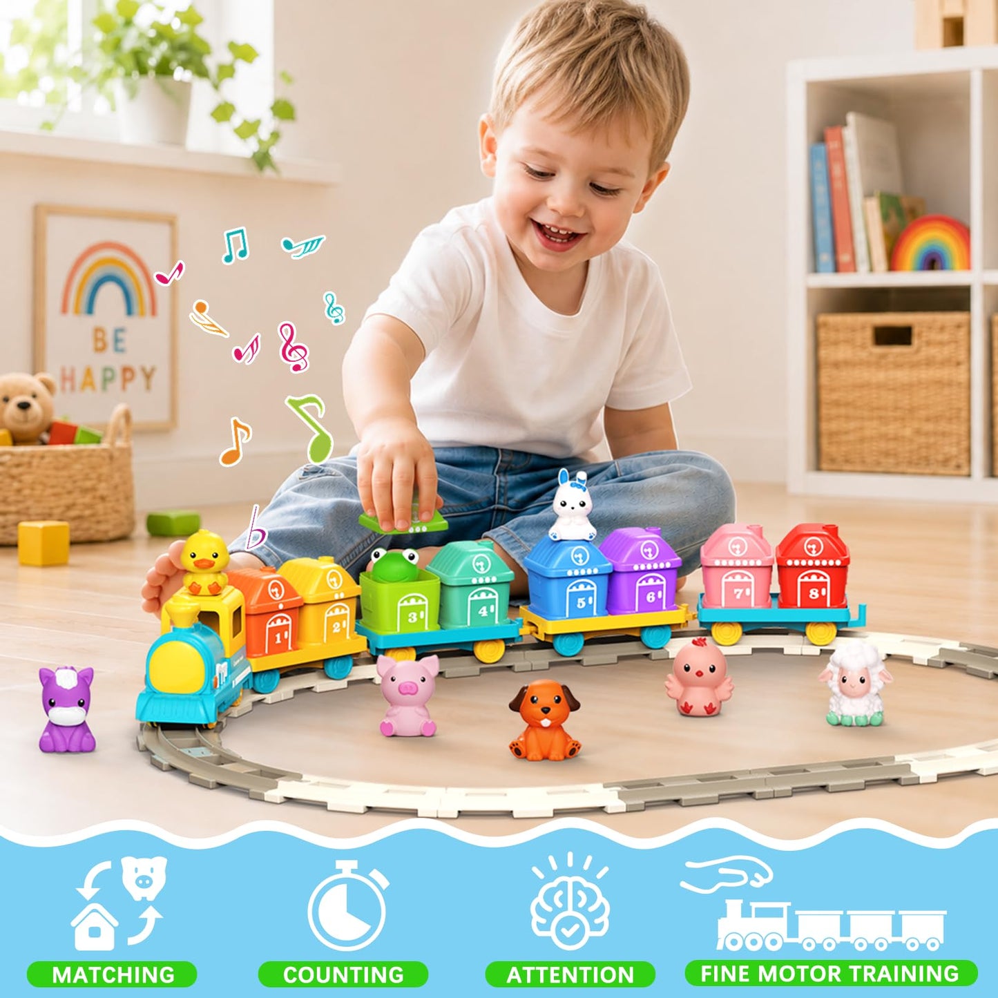 Train Set Toy for Toddlers 1-3, Montessori Learning Matching & Sorting Toys for 1 2 3 Year Old, Electric Train with Farm Animals Finger Puppets, Christmas Birthday Gift for Boys Girls (Blue)