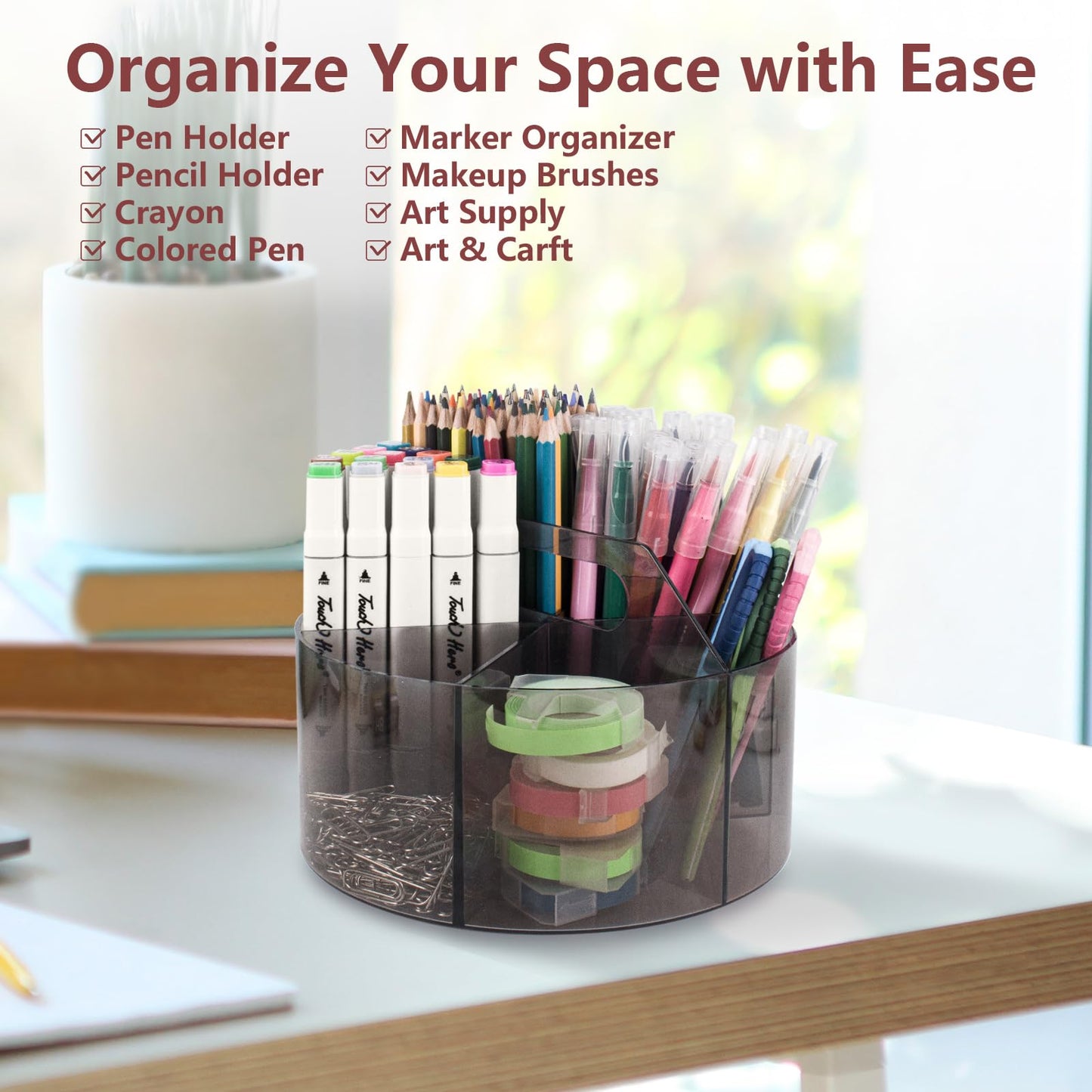 Absonic 250pcs Acrylic Pencil Holder Marker Organizer, 360-Degree Rotating Pen Holder, Crayon Organizers for Kids Pencil Organizer Caddy Art Supply Kids Desk Organizers for Office Home School, Black