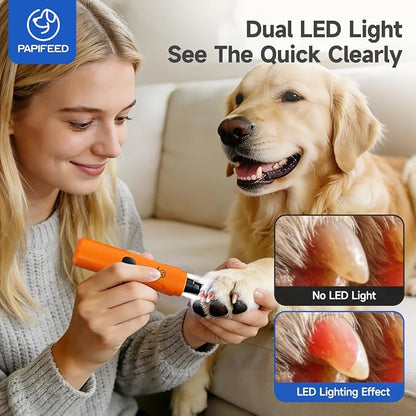 PAPIFEED Dog Nail Grinder with LED Light, Ultra Quiet 3-Speed Electric Nail File for Small Medium Large Dogs & Cats, Rechargeable Pet Nail Grinder with Trimmer (Orange)