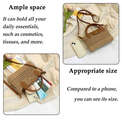 Crochet Crossbody Bags for Women Summer Beach Handbag Small Woven Tote Purse with Leather Top Handle White