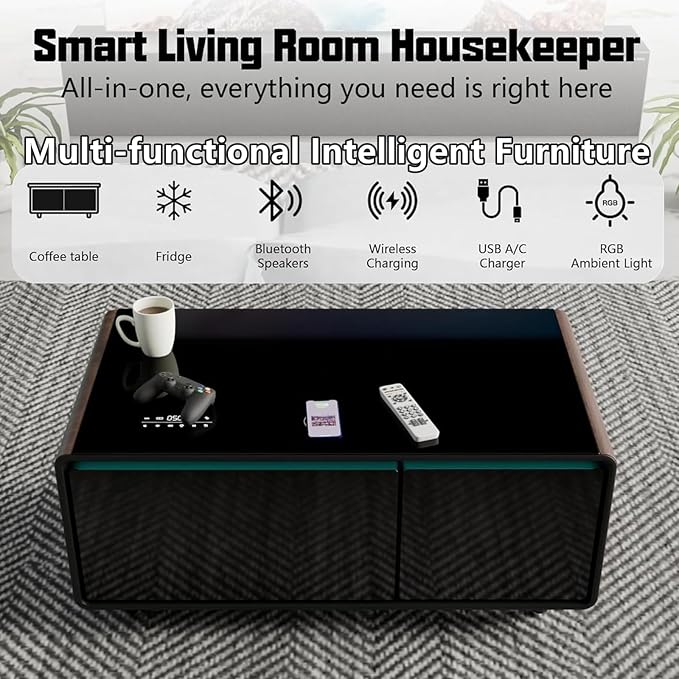 Smart Coffee Table with Fridge and Bluetooth, Smart Living Room Table with Frozen Drawers, Dual Speakers, 15W Wireless Charger, Touch Control, USB Ports, Atmosphere Light, LT90 Ultra-Brown