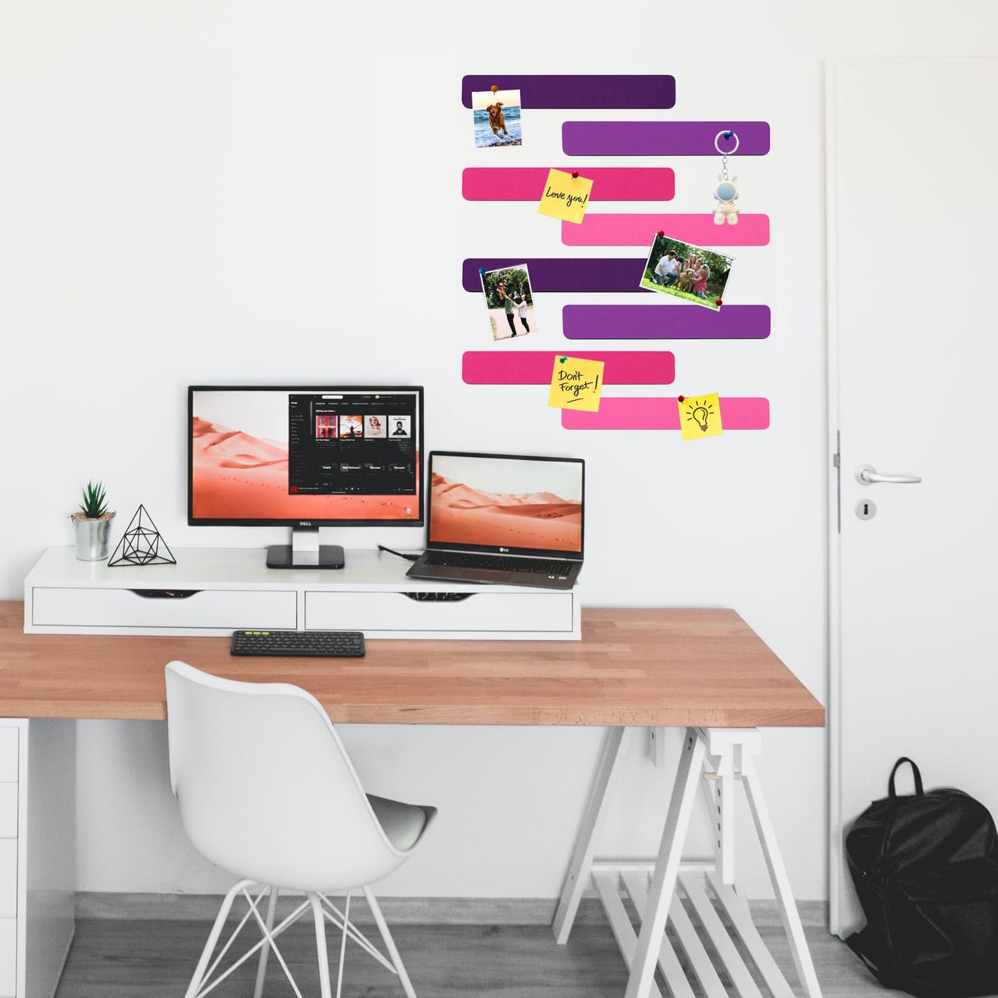 HULAVO 8Pcs Rectangle Felt Cork Board Bar Strips with 35 Pushpins, Self-Adhesive Bulletin Board Strips for Office School Home Wall Decor Stickers Memos Schedules Photos Display -Gradual Purple