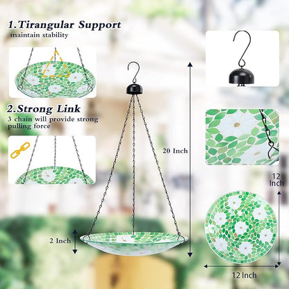 MUMTOP Mosaic Hanging Bird Bath-Bird Baths for Outdoors - 12 Inch Glass Birdbath Bird Water Bowl Bird Feeders for Outside, Garden, Lawn Yard Decor（Flower & Leaf）