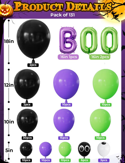 Adeyoo Halloween Balloon Garland Arch Kit - Purple Green Black Balloons with Boo, Bat Foil Balloons Spooky Eyeball Latex Balloon for Halloween Birthday Party Decorations, Indoor Outdoor