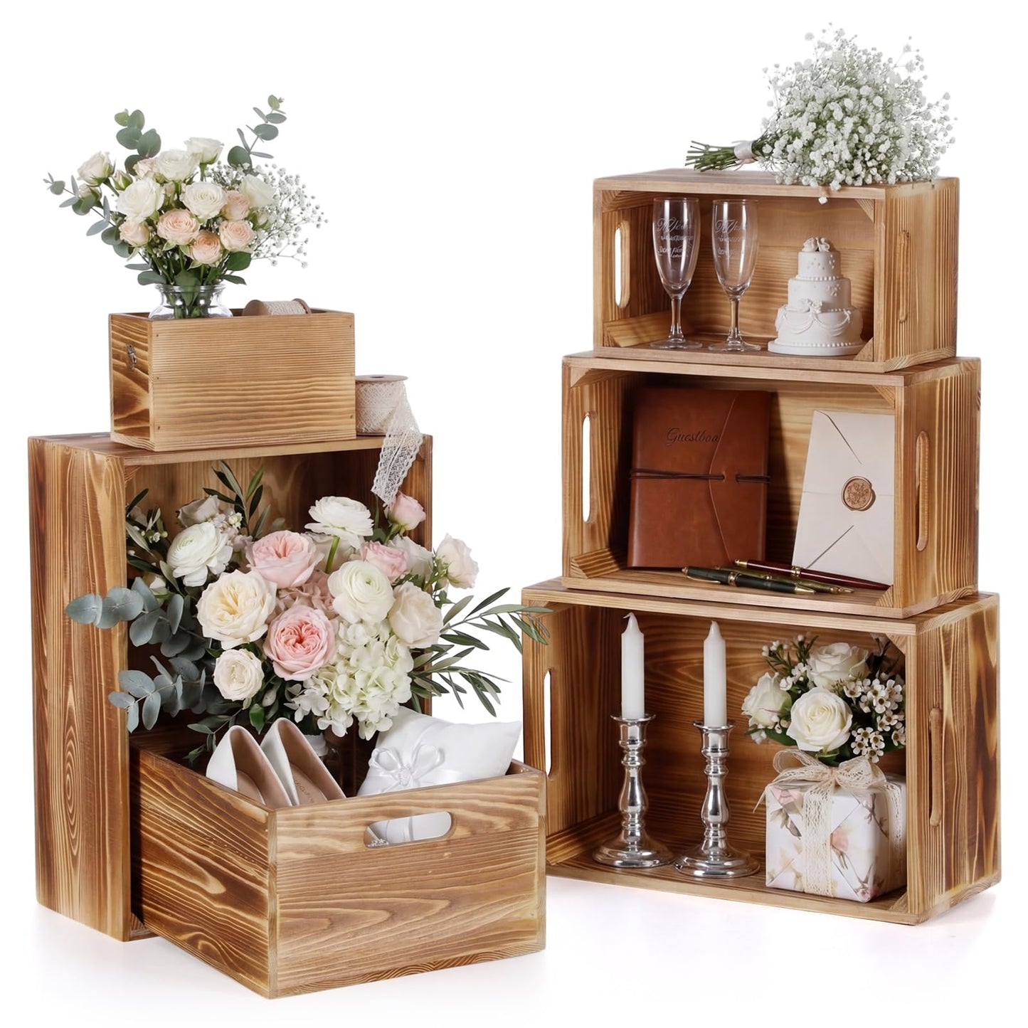 AceOrbit Set of 6 Wood Crates with Handles, Rustic Decorative Storage Boxes Distressed Wooden Nesting Display Baskets for Farmhouse, Wedding, Party Storage Display Supplies(Light Brown)