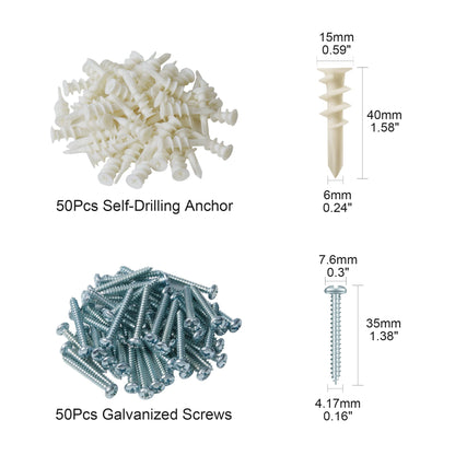 KURUI #8 Self Drilling Drywall Anchors with Screws Kit, Heavy Duty Dry Wall Anchors for Hanging Sheetrock, 50 Self-Tapping Plastic Drywall Hangers 50 Sheet Rock Screws, 100PCs Mounting Hardware -75LB
