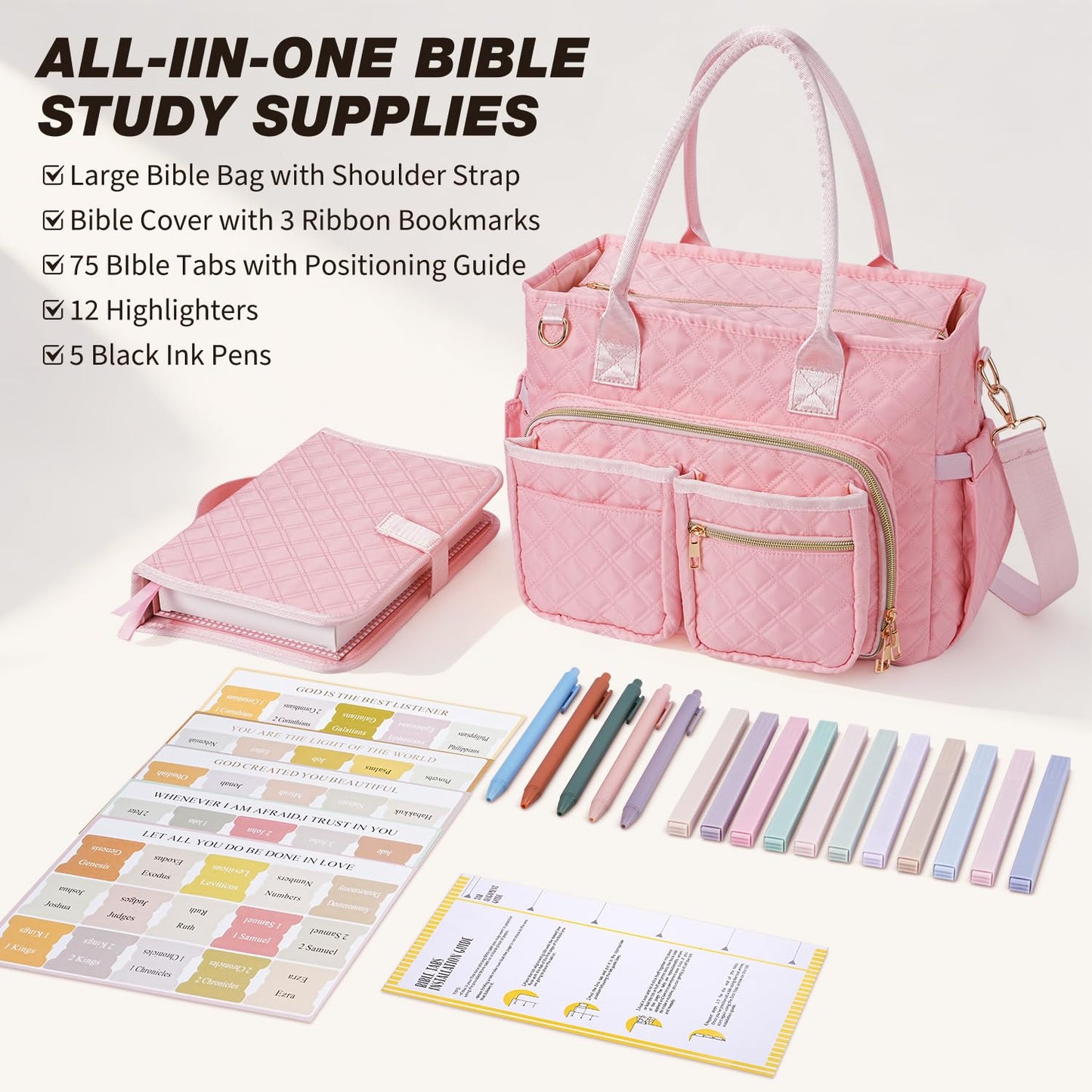 KOPKOFT Large Bible Cover Case for Women, Quilted Church Tote Bag with Shoulder Strap, Bible Study Supplies Journaling Kit Bible Accessories, Christmas Christian Gift for Women (Pink)