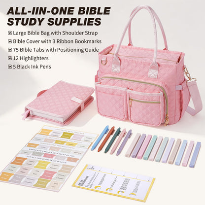 KOPKOFT Large Bible Cover Case for Women, Quilted Church Tote Bag with Shoulder Strap, Bible Study Supplies Journaling Kit Bible Accessories, Christmas Christian Gift for Women (Pink)