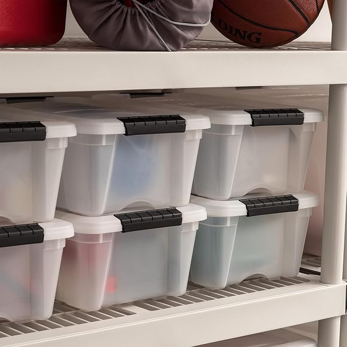 IRIS USA 13 QT Plastic Storage Box with Lid and Latches - 6 Pack - BPA-Free, Discreet Organizing Solution, Durable Nestable Stackable Containers, Secure Pull Handle - Pearl