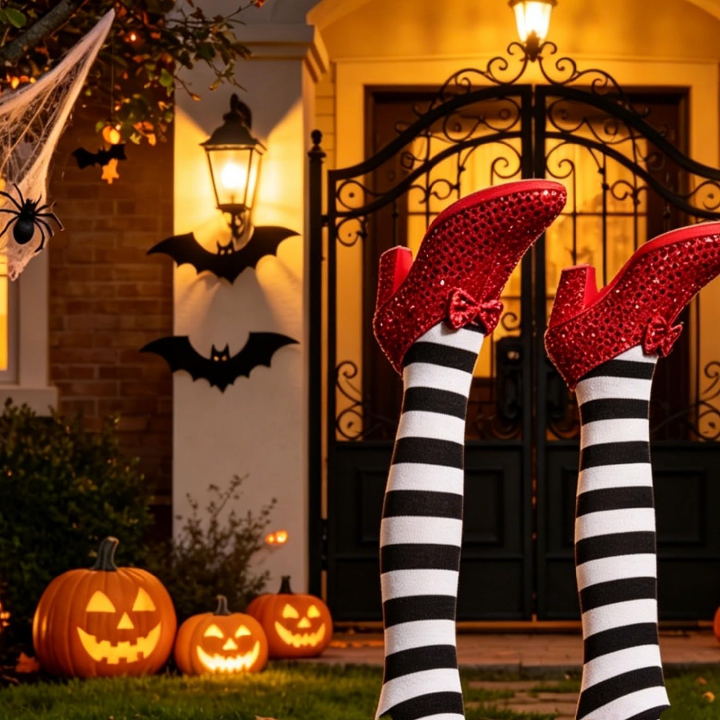 Wicked Witch Legs Prop – Halloween Decoration with Red Shoes, Fake Legs for Haunted House, Indoor & Outdoor Party Decor