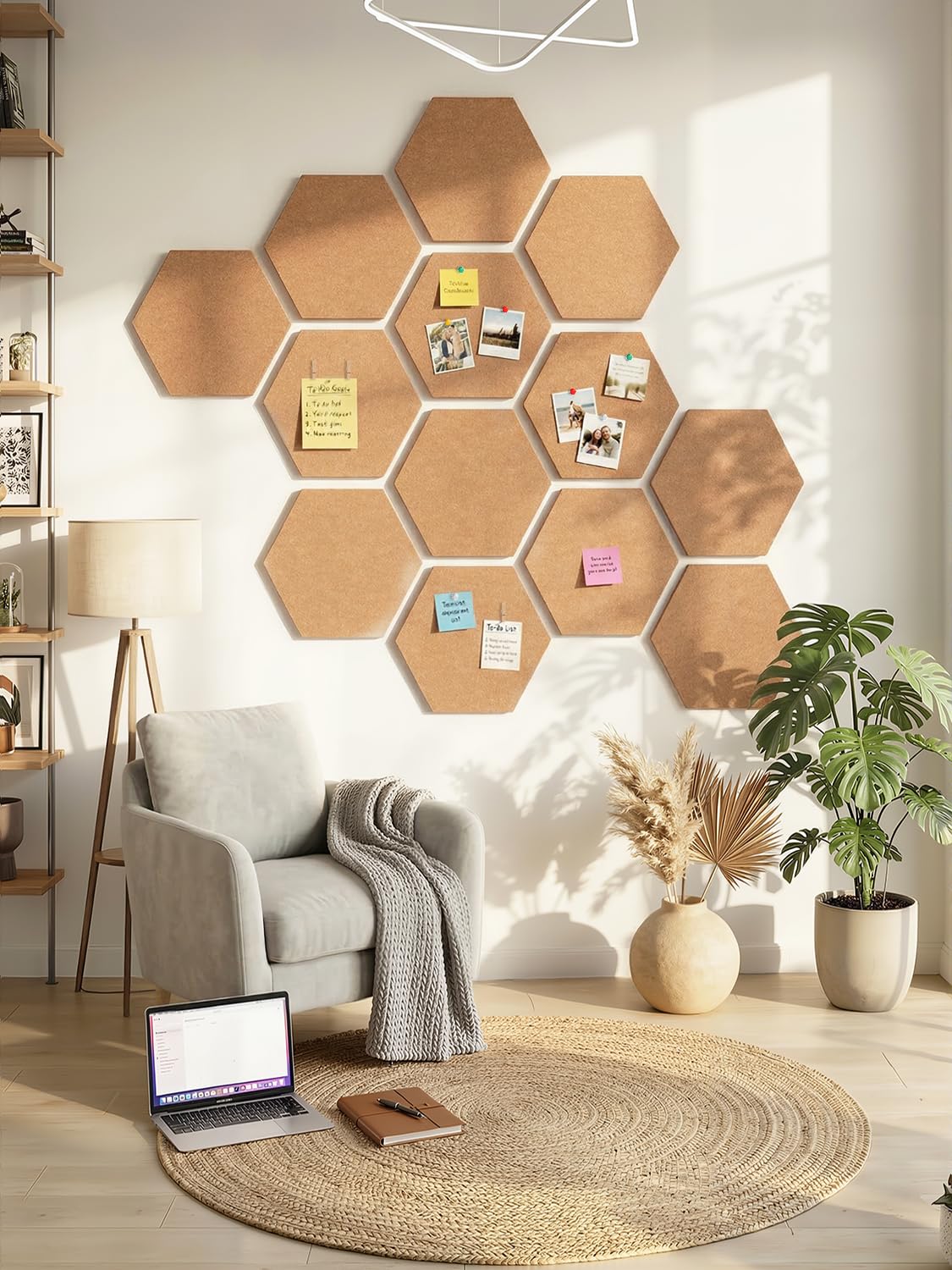 Uoisaiko 12" Large Bulletin Board with 30 Push Pins, Pack of 8 Hexagon Felt Pin Board Notice Boards for Home Office, Felt Wall Tiles for Photos Memos (Brown)