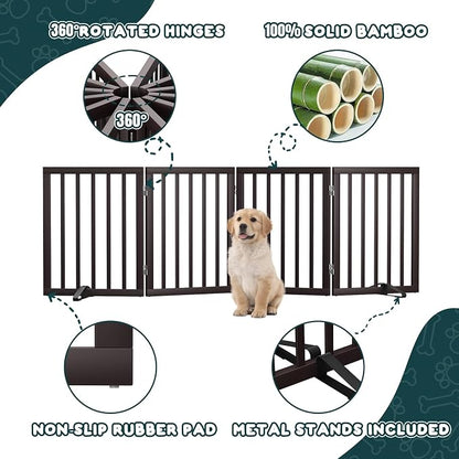 Freestanding Bamboo Wood Dog Gate Indoor, 4-Panel Pet Gates with 2 Stands and 360° Hinge for Doorways and Stairs, Puppy Gate for The House, Fully Assembled Safety Fence 74" W x 24" H - Espresso