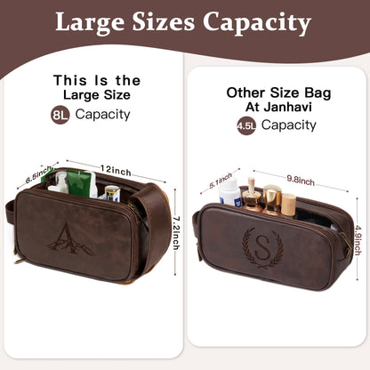 Janhavi Travel Toiletry Bag For Men Waterproof, Groomsmen Gifts Personalized Leather Engraved Initials & Mountain, Mens Dopp Kit Bag, Birthday Gifts For Men, Travel Tssentials (Dark Brown A)
