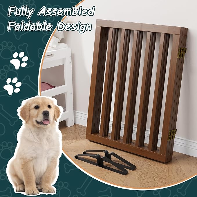 Freestanding Dog Gates Indoor, 3-Panel Pet Gates with 2 Metal Stands and 360° Hinge, 24" H Foldable Dog Gate for Stairs, Doorway, Kitchen, Expands Up to 55" Fully Assembled - Black Walnut