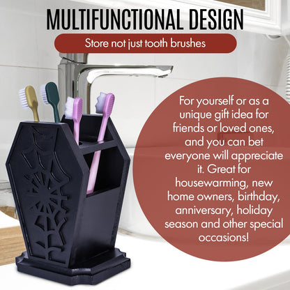 Gothic Decor Coffin Toothbrush Holder - Halloween Goth Bathroom Decor Brush Holder for Oddities and Curiosities - Spooky Pen Organizer for Kids and Adults - Witchy Gifts for Women
