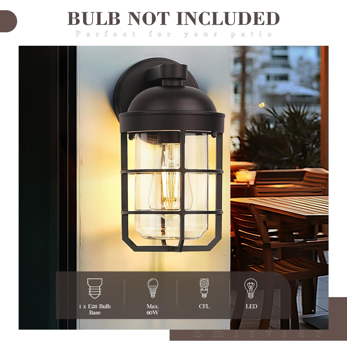 Emliviar Outdoor Wall Lamps 2 Pack, Waterproof Vintage Lighting, 11.3 Inch, Oil Rubbed Bronze with Clear Tempered Glass, Model GE255BL-2PK ORB