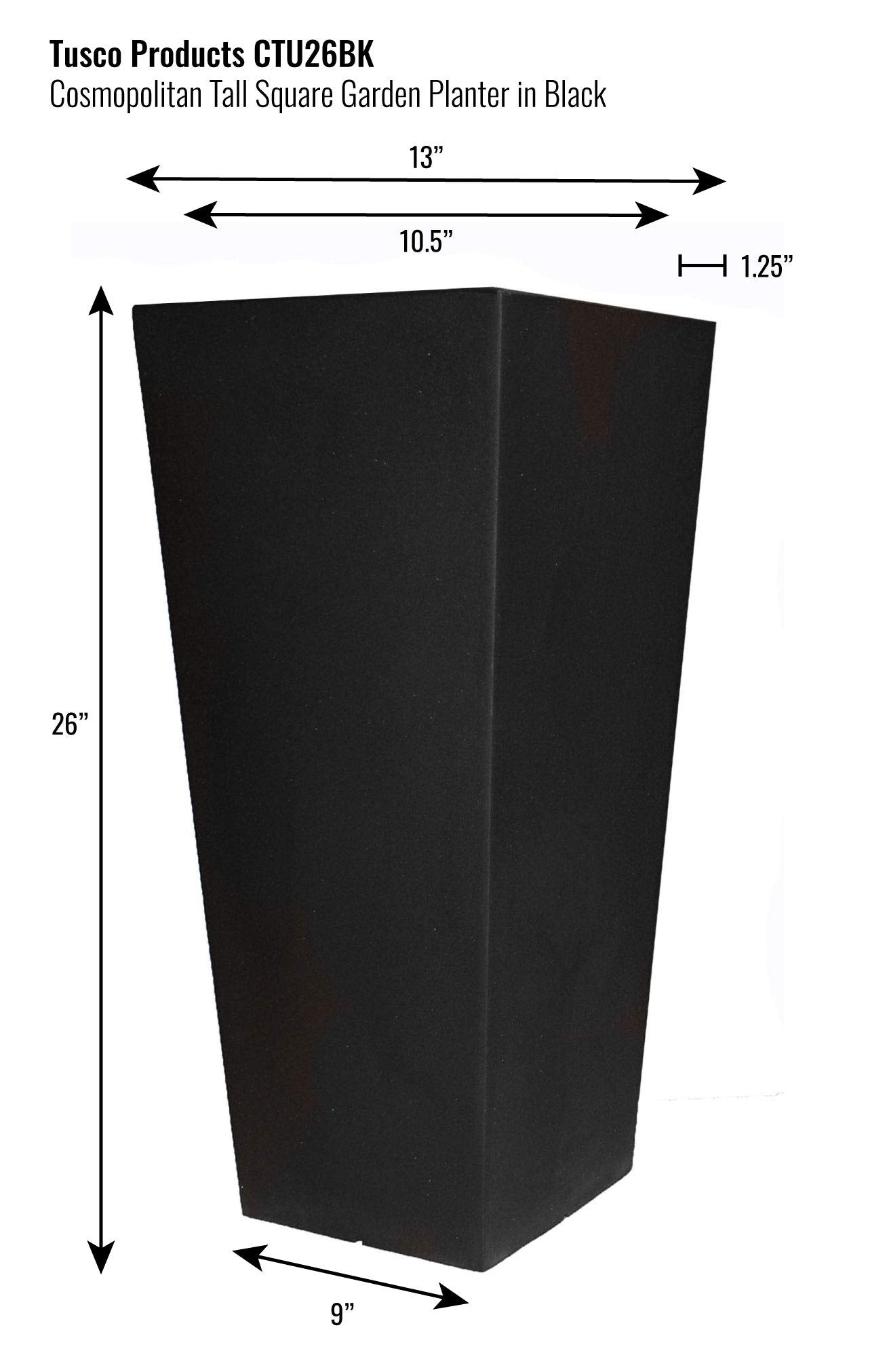 Tusco Products CTU26BK Cosmo Tall Planter, Black, 26-Inch