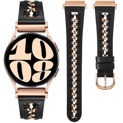 Minyee Leather Band Compatible with Samsung Galaxy Watch 7/6/5/4/FE/Active 2 40mm 44mm/Watch 6 Classic 43mm 47mm/Watch 5 Pro 45mm Bands, 20mm Dressy Leather Strap with Metal Chain, Black/Rose Gold