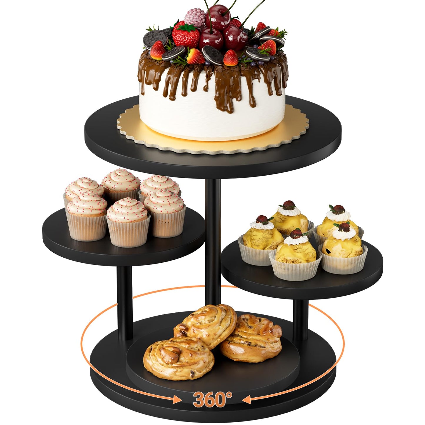 Cupcake Tower for 50 Cupcakes 4 Tier Wooden Dessert Display Stands 360°Rotatable Cookie Display Stand with Tiered Trays Round Cake Stand for Parties Wedding Halloween Dessert Table, Black