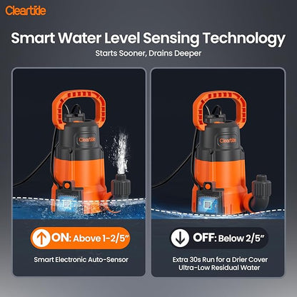 Cleartide 1/3 HP Submersible Utility Pump, 2790 GPH High Flow, Thermoplastic Portable Sump Pump with Auto Water Sensor, Ideal for Flooded Basement & Yard, Hot Tub, Pond & Garden Draining, 10 FT Cord