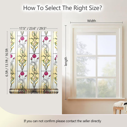 KESPEN WINDOW FILMS Window Privacy Film Stained Glass Frosted Glass Films Decorative Window Film with Rose Flower Static Cling Non-Adhesive Stickers Heat Control for Home, 17.5 Inch X 6.5 Feet